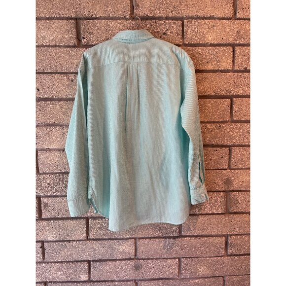 J.McLaughlin Womens Seersucker Button-Down Shirt L Striped Aqua White Cotton Rel - Picture 7 of 8